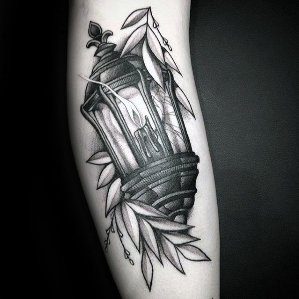 Side Of Leg Male Tattoo With Lantern Design