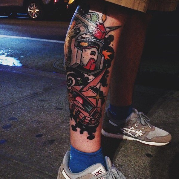 Side Of Leg Mens Gundam Tattoo Design Inspiration