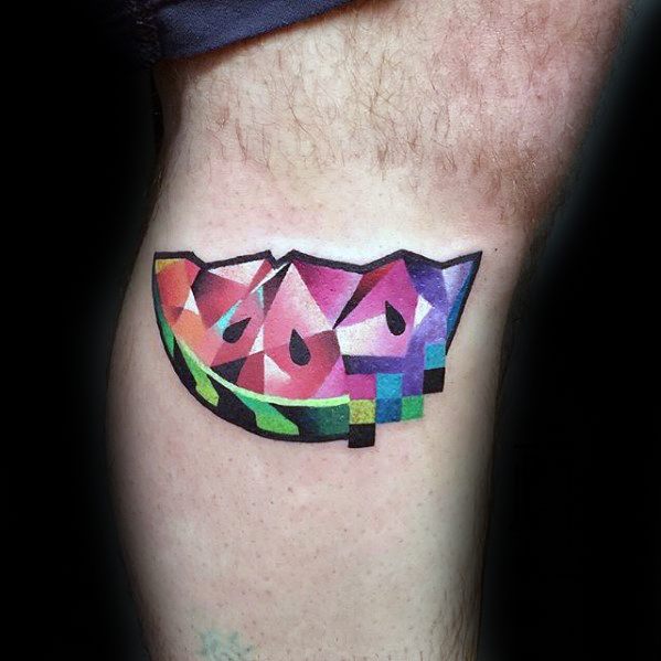 Side Of Leg Mens Modern Pixel Watermelon Tattoo Ideas