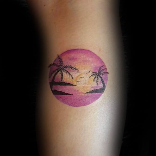 Side Of Leg Mens Sunset Beach Tropical Circle Small Tattoo