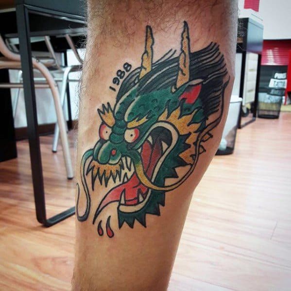 Side Of Leg Mens Tattoo Simple Dragon Design
