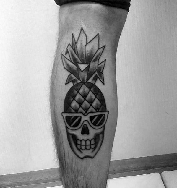 Side Of Leg Mens Tattoo With Pineapple Design