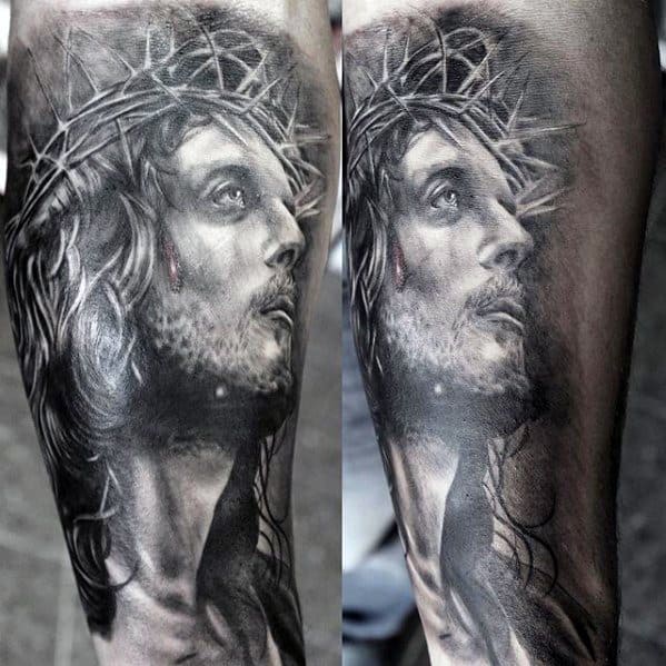 Side Of Leg Portrait 3d Jesus Male Tattoo Designs