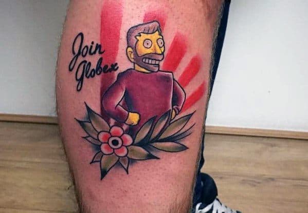 Bold tattoo of Hank Scorpio from The Simpsons with a propaganda-style background, floral detail, and 'Join Globex' text.