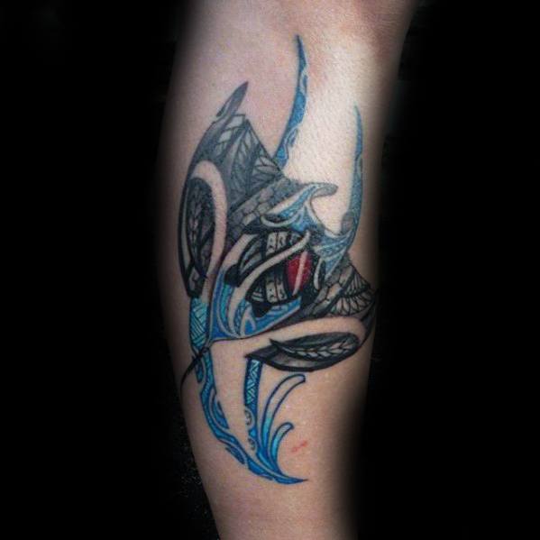 Side Of Leg Tribal Manta Ray Guys Tattoo Ideas