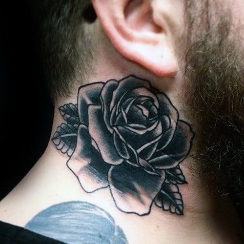 Black rose tattoo on a man's neck with leaves extending around it