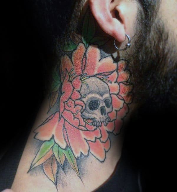 Side Of Neck Peony Skull Tattoo On Male