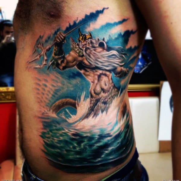 Side Rib Cage Greek God Poseidon Tattoos For Men