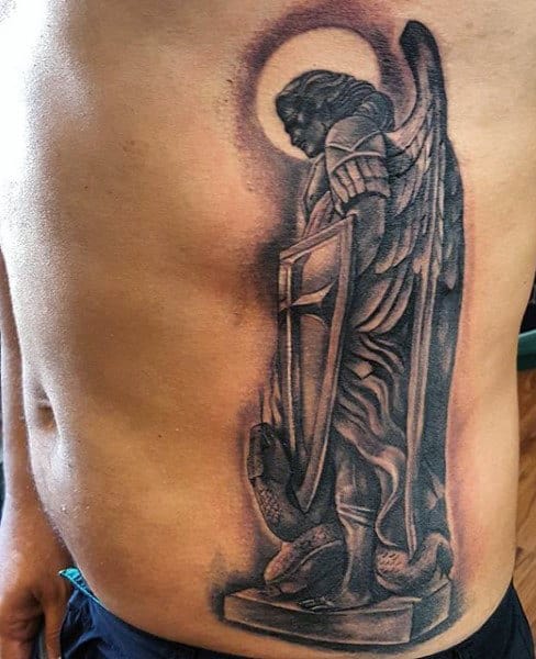 Side Rib Cage Tattoos Of Saint Michael The Archangel On Guys
