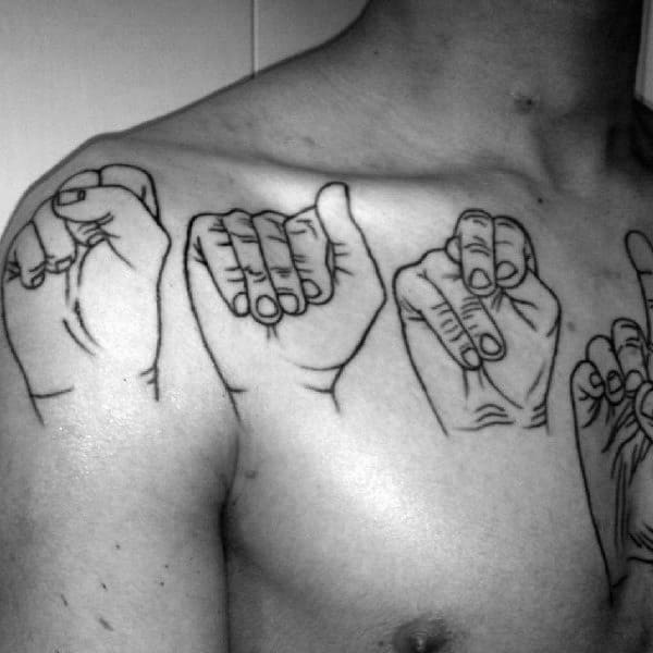 bold black line tattoo of hands signing a word in American Sign Language, spanning across the chest and shoulder with a minimalistic design