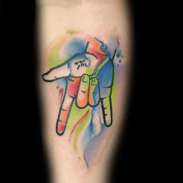 abstract tattoo of a hand making the "I love you" sign in American Sign Language, outlined in black with vibrant watercolor splashes