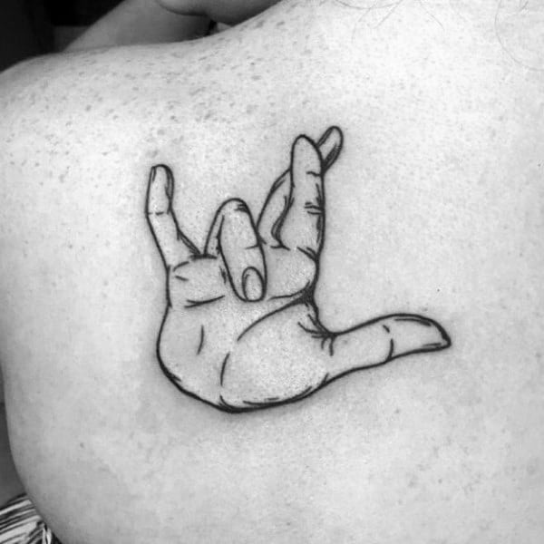 black ink tattoo of a hand making the "I love you" sign in American Sign Language, placed on the upper back with fine line details