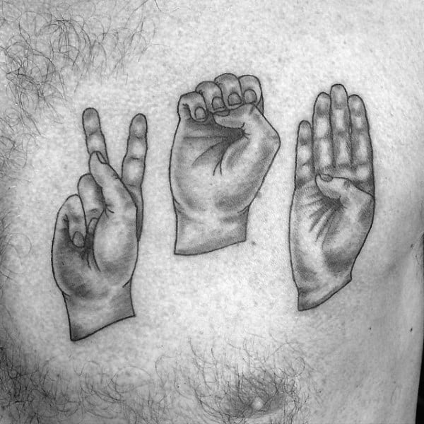 realistic black and grey tattoo of hands signing a word in American Sign Language, placed on the chest with detailed shading for depth