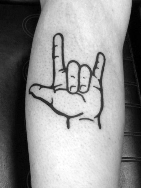 bold black ink tattoo of a hand making the "I love you" sign in American Sign Language, designed with a simple outline on the forearm