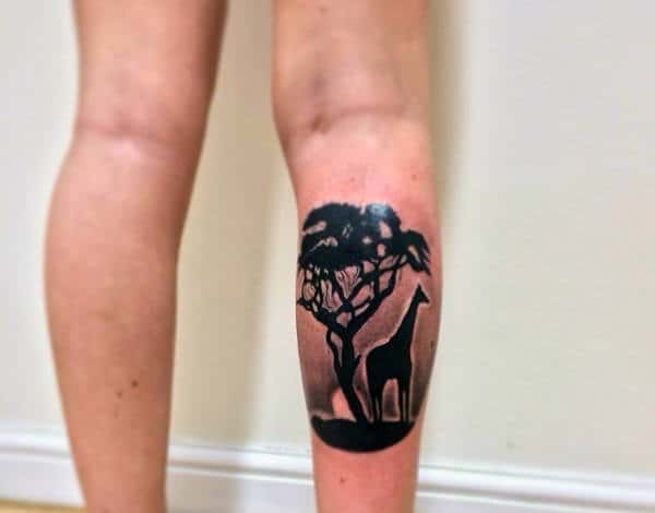 Silhouette Mens Leg Calf Giraffe And Tree Tattoos