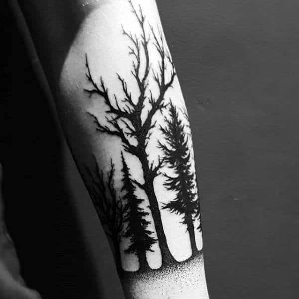 Silhouette Of Trees Mens Forearm Tattoo