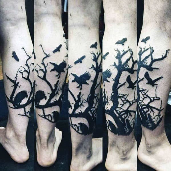 Silhouette Vultures In A Tree Lower Leg Tattoos