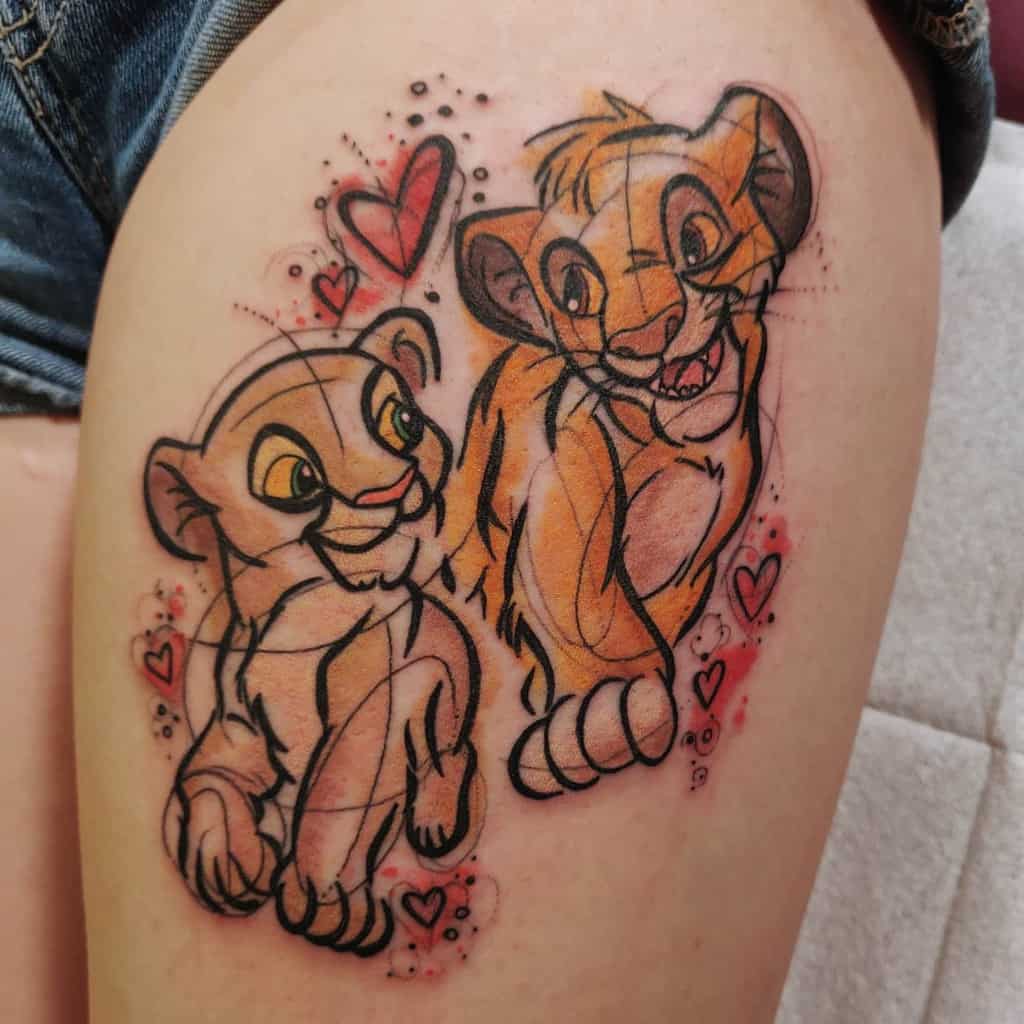 Colorful tattoo of Nala and Simba as cubs with hearts around them