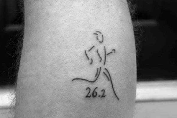 Minimalist line art of a running figure above “26.2,” representing the grace and determination of completing a marathon.
