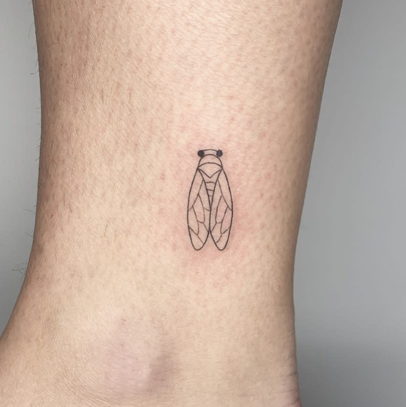 Minimalist cicada tattoo on an ankle