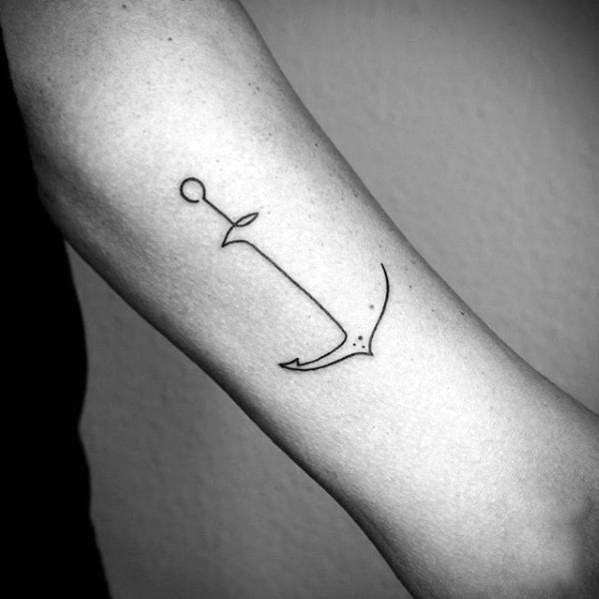Minimalist anchor tattoo with fine black lines on the forearm, featuring a delicate and simple design symbolizing stability and grounding.
