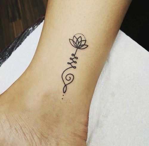 Unalome tattoo with a lotus on the ankle, symbolizing spiritual growth, resilience, and the journey toward enlightenment.