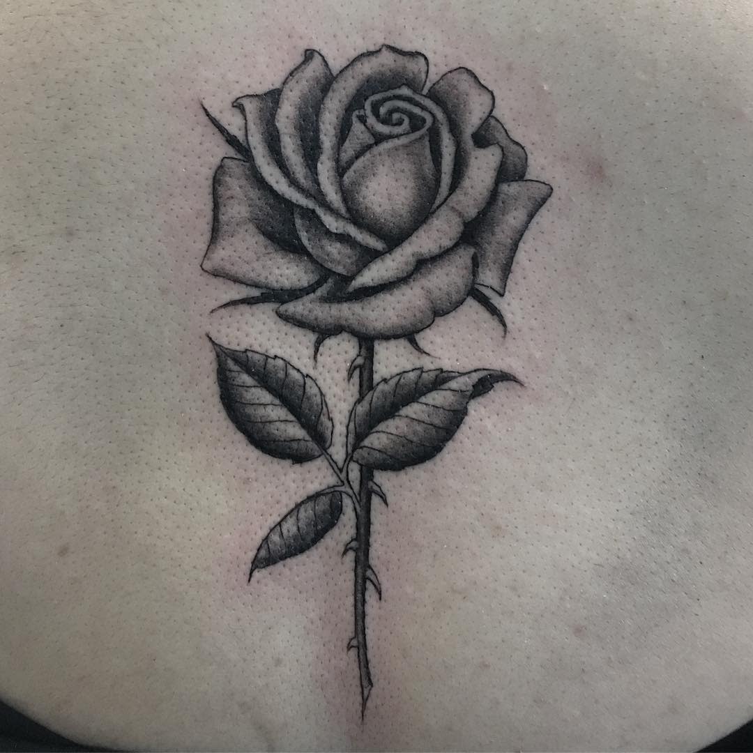 Black and gray tattoo of a rose with a stem and leaves