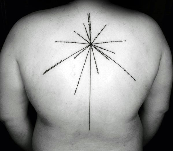 Back tattoo featuring a minimalistic, radiating line star design inspired by a pulsar map