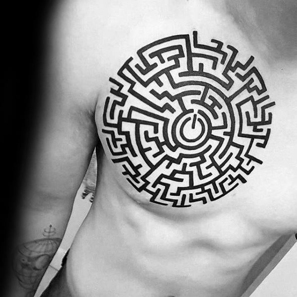 Simple Black Ink Chest Maze Tattoo Designs For Guys