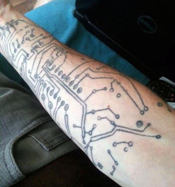 Simple Black Ink Diagram Circuit Board Mens Forearm Tattoo