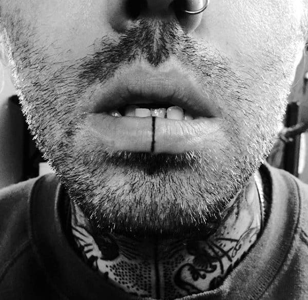 Simple Black Ink Line On Lips And Neck Guys Face Tattoos
