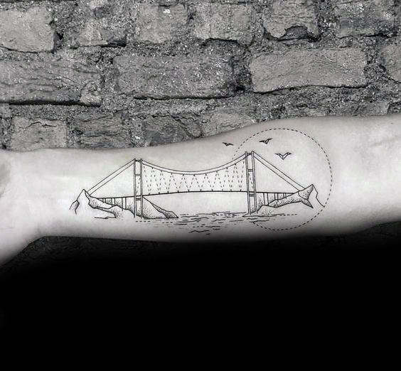 Simple Black Ink Lines Guys Inner Forearm Tattoo Of Bridge