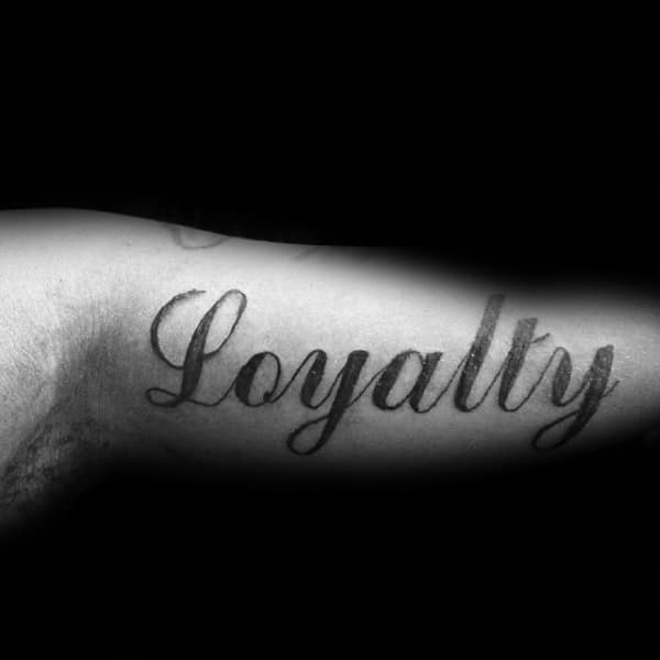 Simple Black Ink Male Loyalty Cursive Inner Arm Tattoos