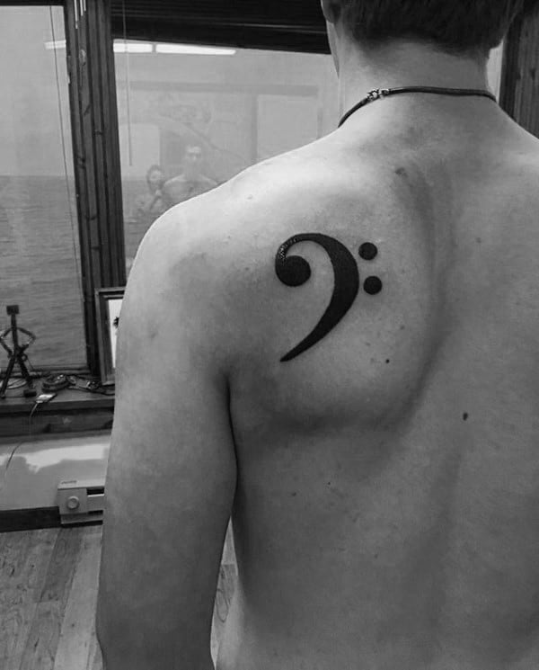 Simple Black Ink Music Note Mens Shoulder Blade Tattoo