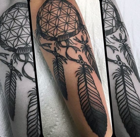 Simple Black Ink Outline Male Dreamcatcher Tattoos