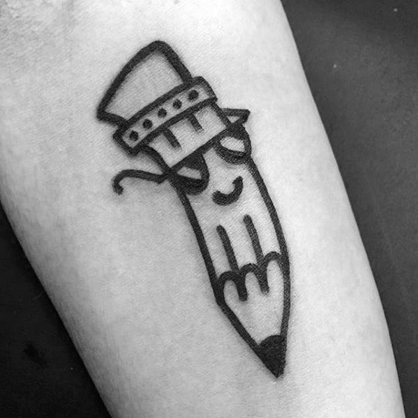 A quirky tattoo of an animated pencil, complete with a stylish hat and cool sunglasses, adds character to the wearer's skin