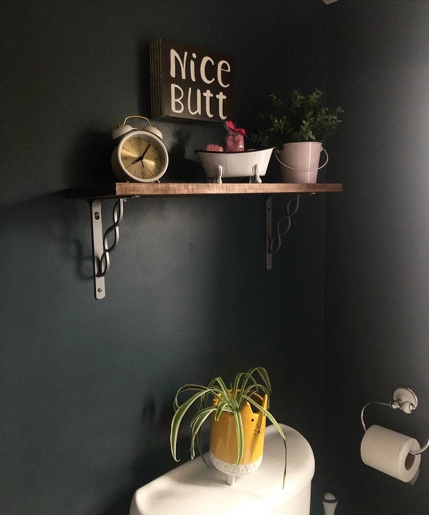 Dark bathroom with floating brown shelf, potted plants, clock, and "Nice Butt" wall sign.