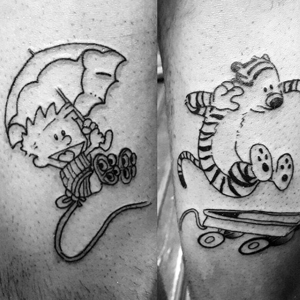 Simple Calvin And Hobbes Black Ink Male Outline Tattoo Design On Legs
