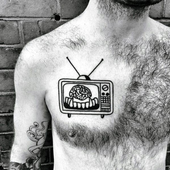 Simple Chest Mens Tv With Brain And Vampire Fangs Tattoo Design