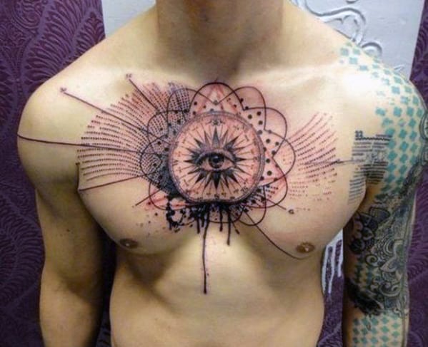 Man with a detailed geometric tattoo featuring an eye and patterns on his chest