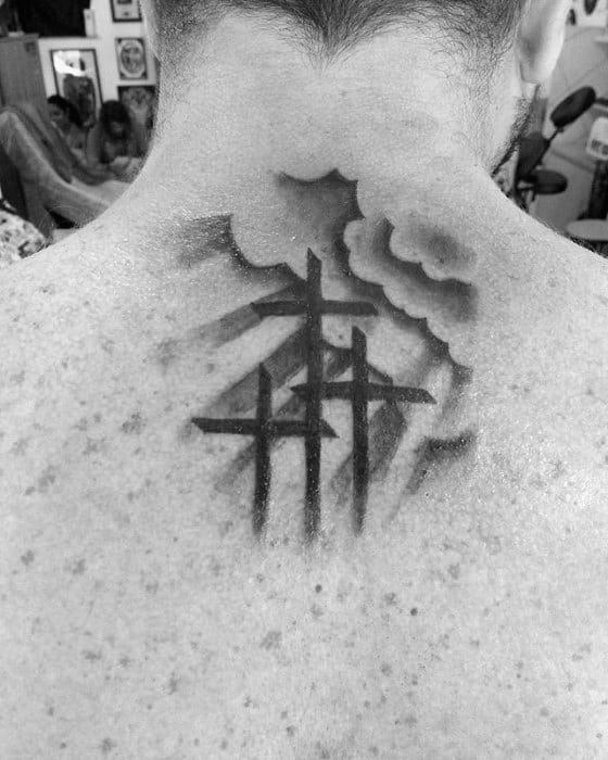 Simple Christian Crosses With Sun Rays Mens Upper Back Tattoo