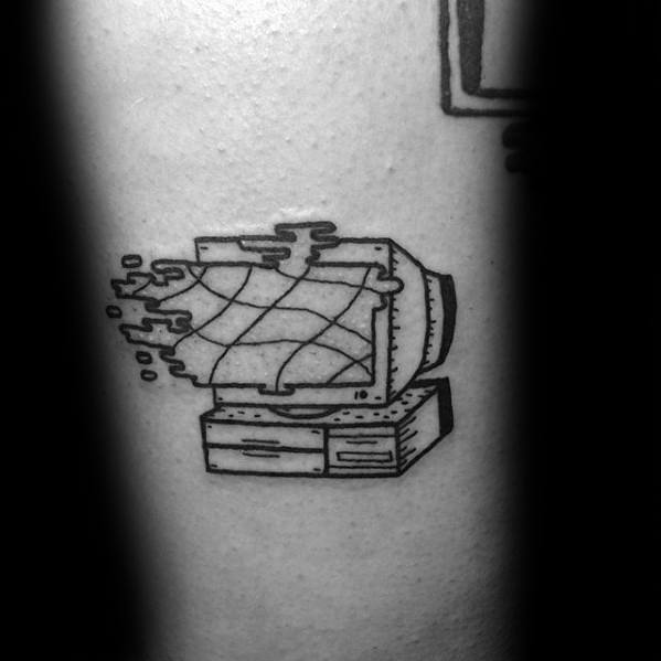 Minimal black line tattoo of a vintage computer with a pixelated, glitching screen, symbolizing digital breakdown or transformation.