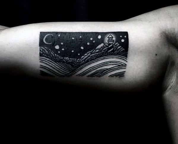 Simple Creative Men's Wave Tattoo Design Night Time Theme