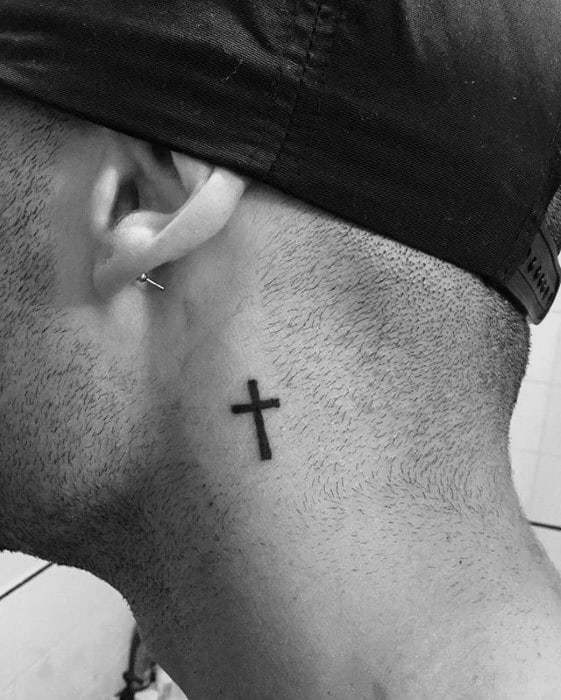 Simple Cross Black Ink Guys Small Neck Tattos