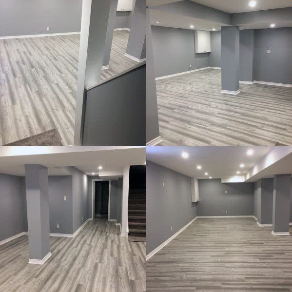 Spacious gray-painted basement with vinyl flooring and recessed lighting.