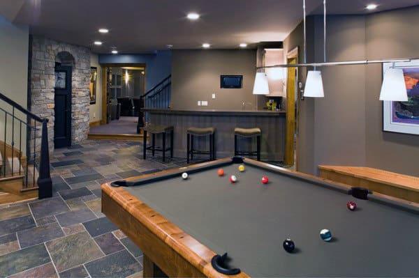 billiards room track lighting bar paver floor 