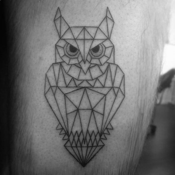 Simple Geometric Owl Black Ink Lines Guys Leg Tattoos