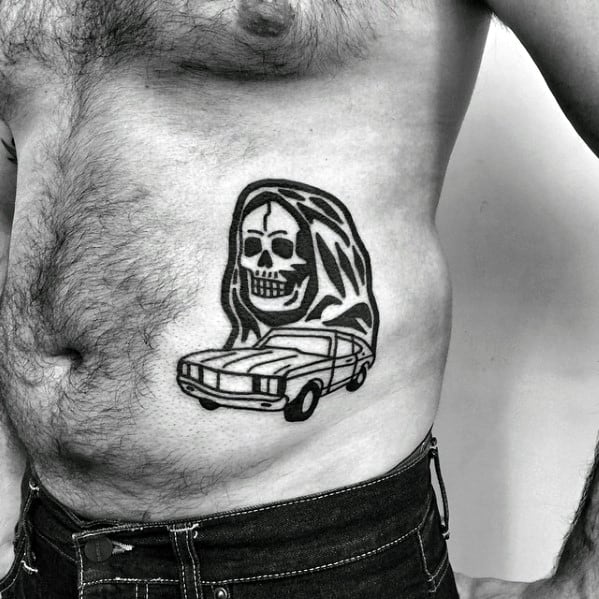 Simple Grim Reaper Skull With Car Mens Rib Cage Side Tattoo