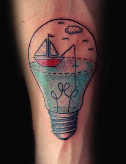 Simple Inner Forearm Light Bulb With Sailing Ship Fishing Mens Tattoo