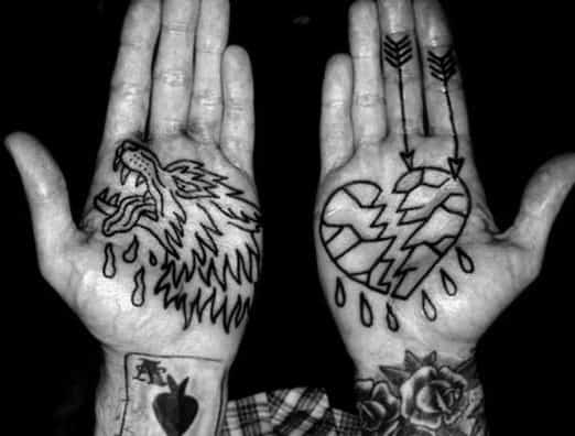 Simple Inner Hand Palm Black Ink Outline Broken Heart Tattoos For Males